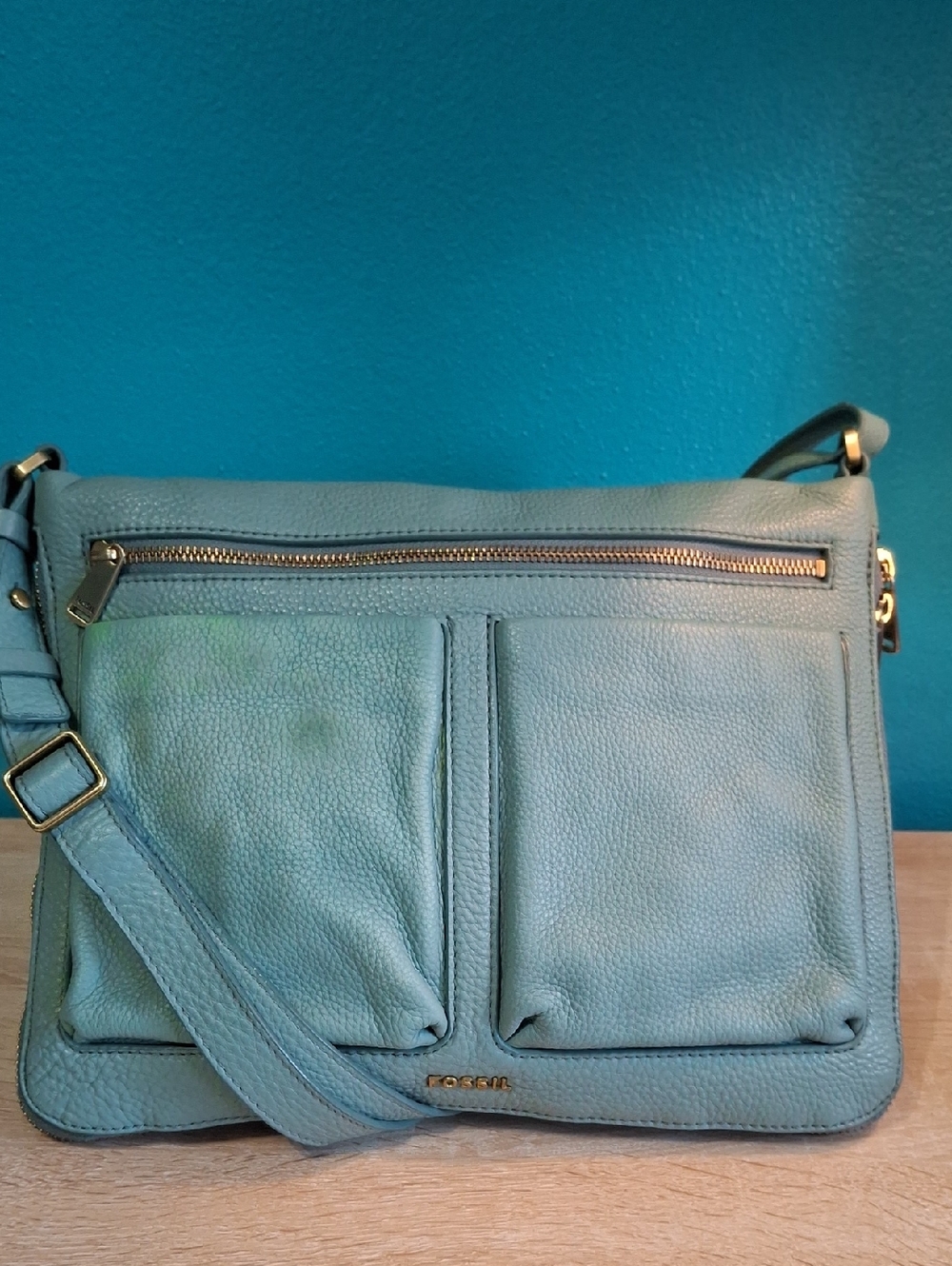 Fossil Piper Pale Blue Leather Crossbody Bag with Gold Hardware